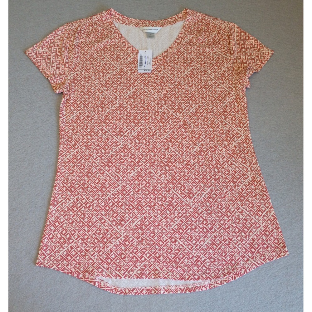 Christopher Banks Sz S Orange/White Geometric Stretch Shirt V Neck Short Sleeve